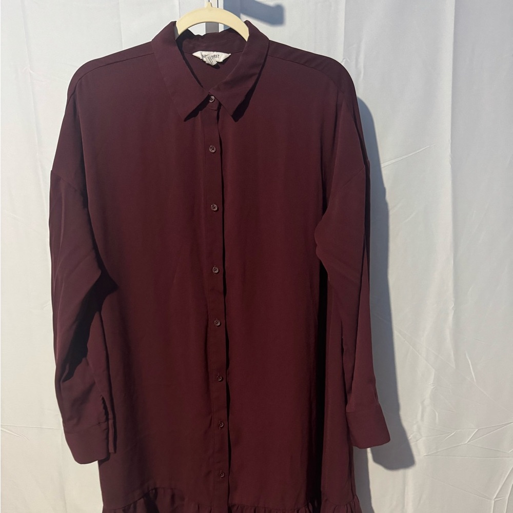 Nine West Long Sleeve Deep Burgundy Button Down Dress Size L
